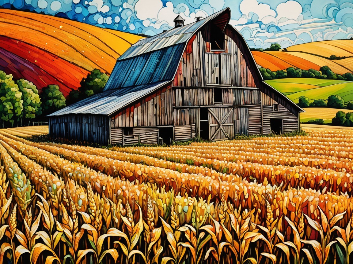Rustic Barn Surrounded by Wheat and Autumn Foliage
