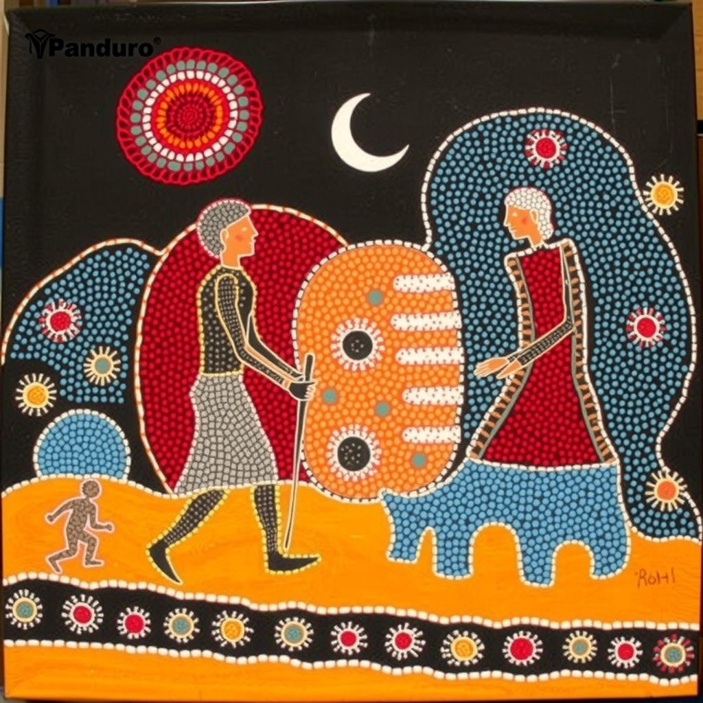 Vibrant Aboriginal-Inspired Scene with Figures and Patterns