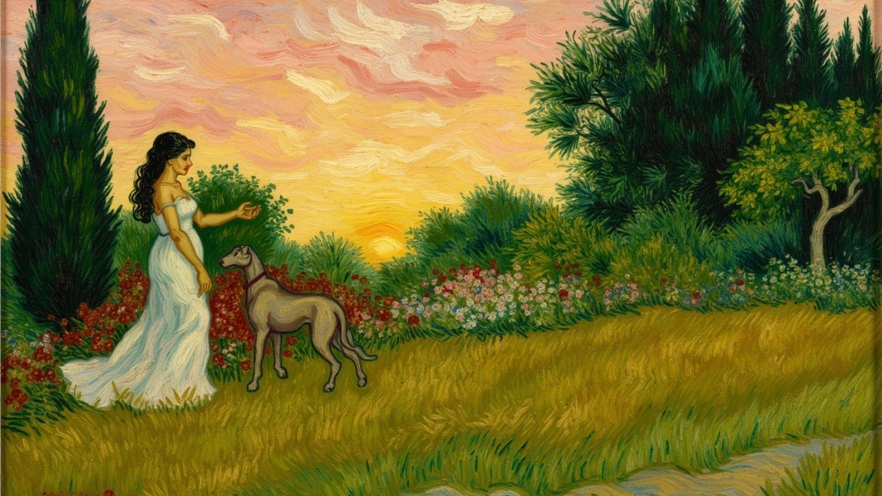 Sunset Scene with Woman in White Gown and Greyhound