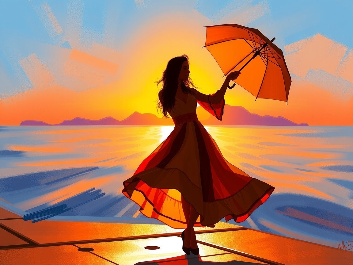 Silhouette of a woman with an umbrella at sunset