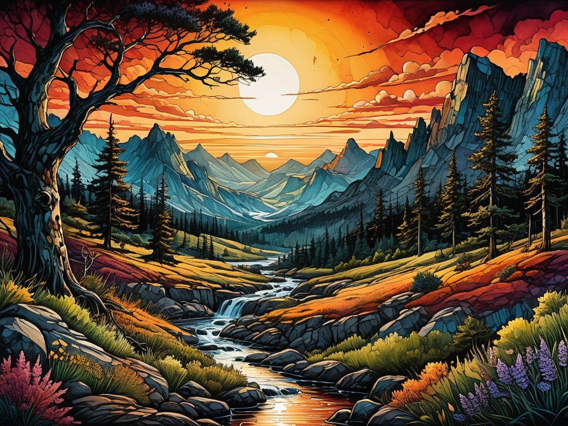 Majestic Sunset Over Mountains with Lush Greenery