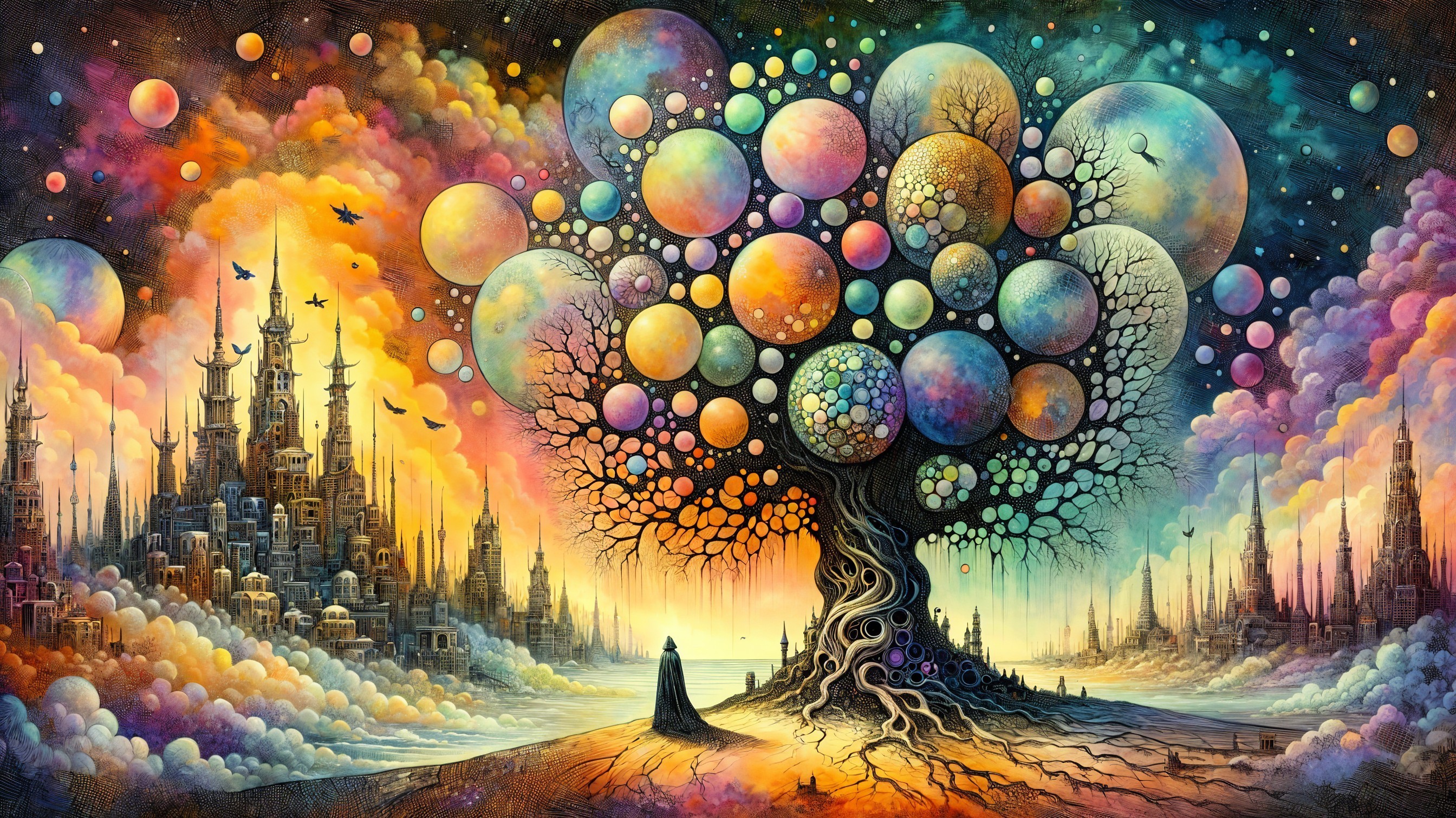 Surreal Landscape with Colorful Tree and City Background