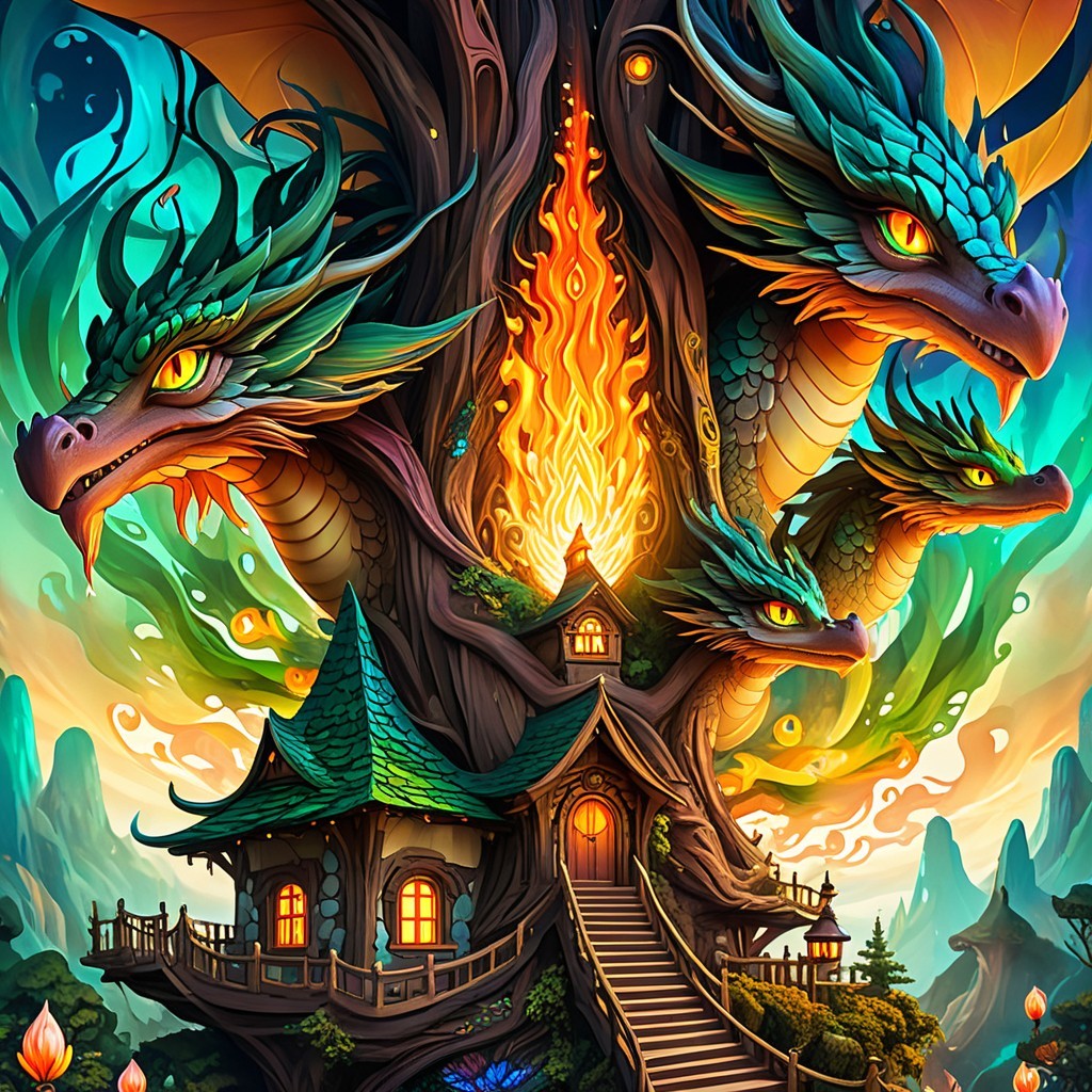 Vibrant Fantasy Scene with Dragon Heads and Cottage