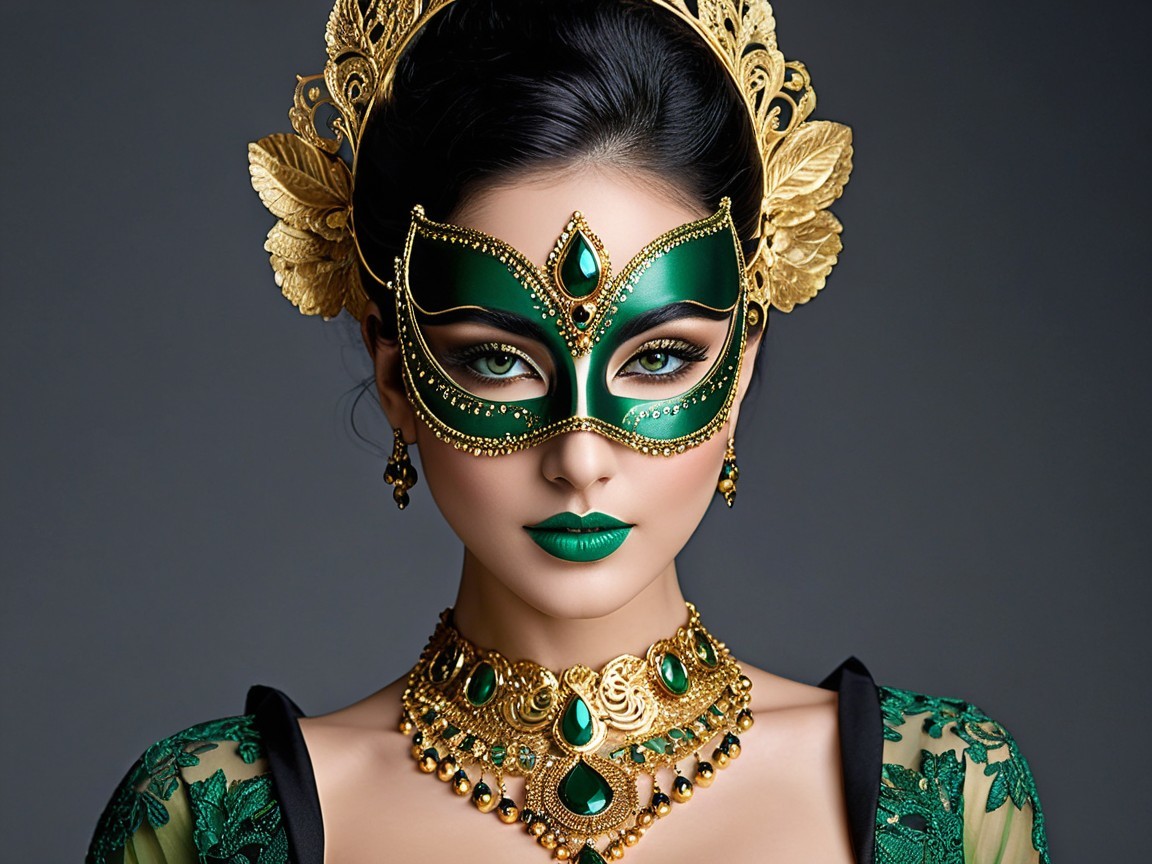 Elegant Green Attire with Intricate Patterns and Gold