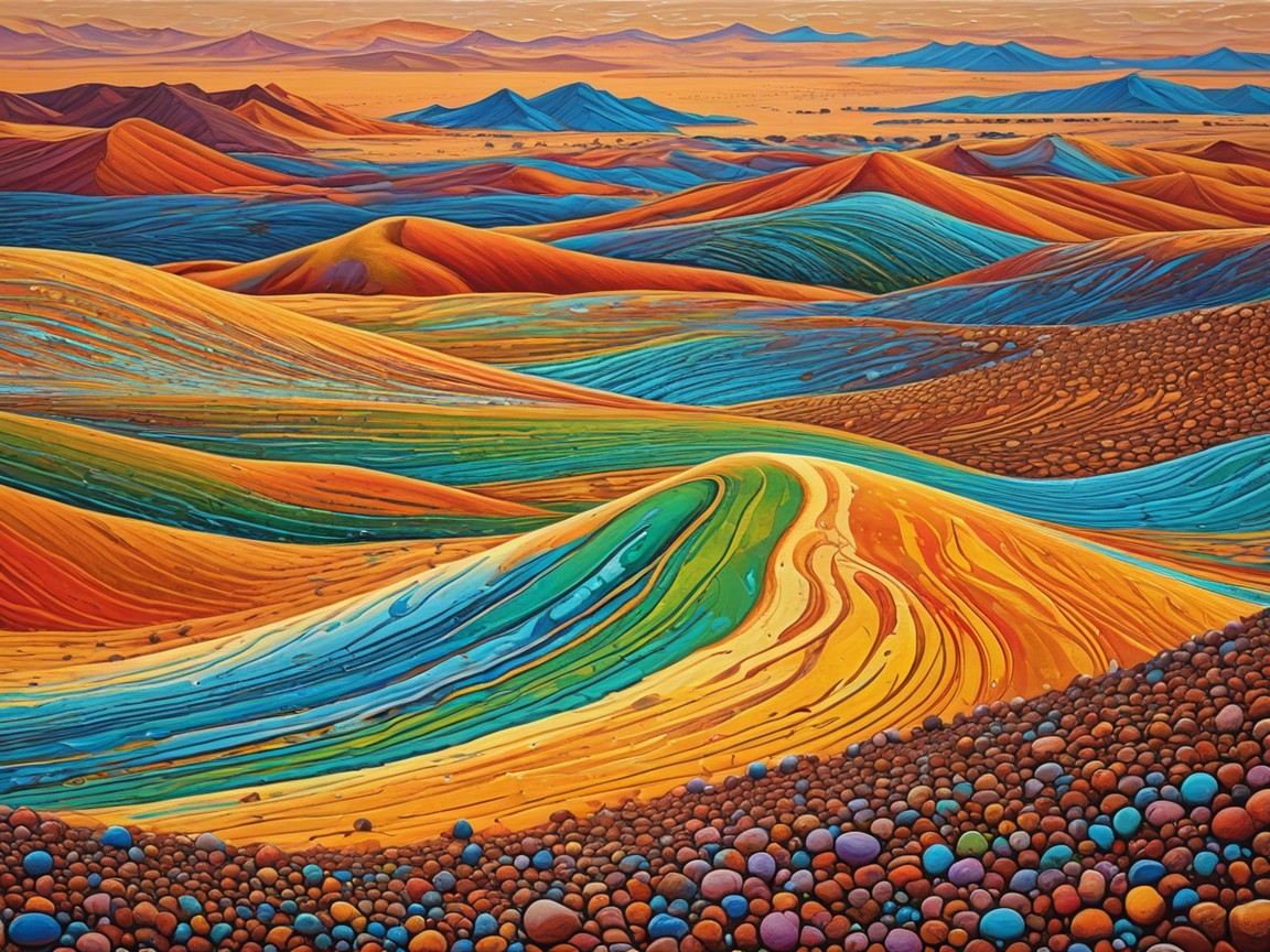 Surreal Landscape with Colorful Hills and Pebbles