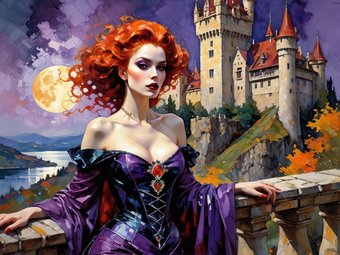 Elegant Woman in Purple Gown on Moonlit Balcony