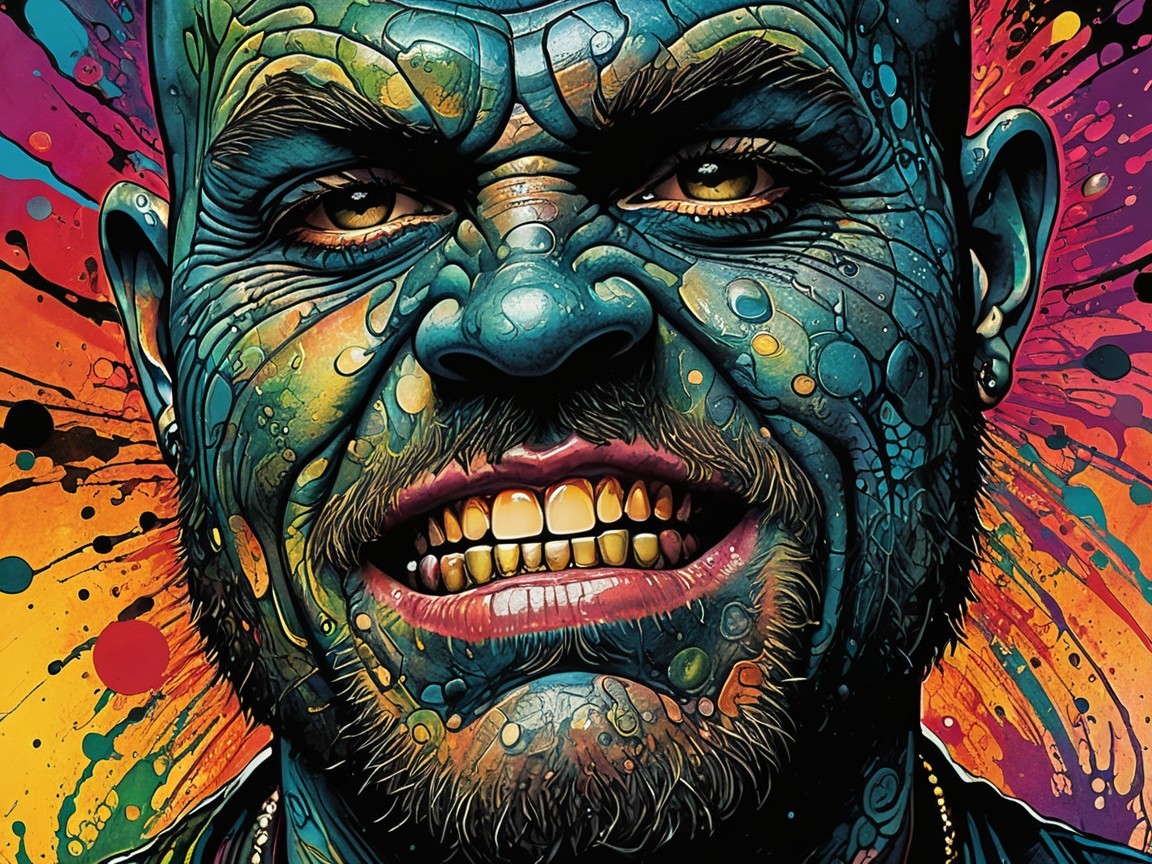 Vibrant Portrait of a Man with Blue Skin and Patterns