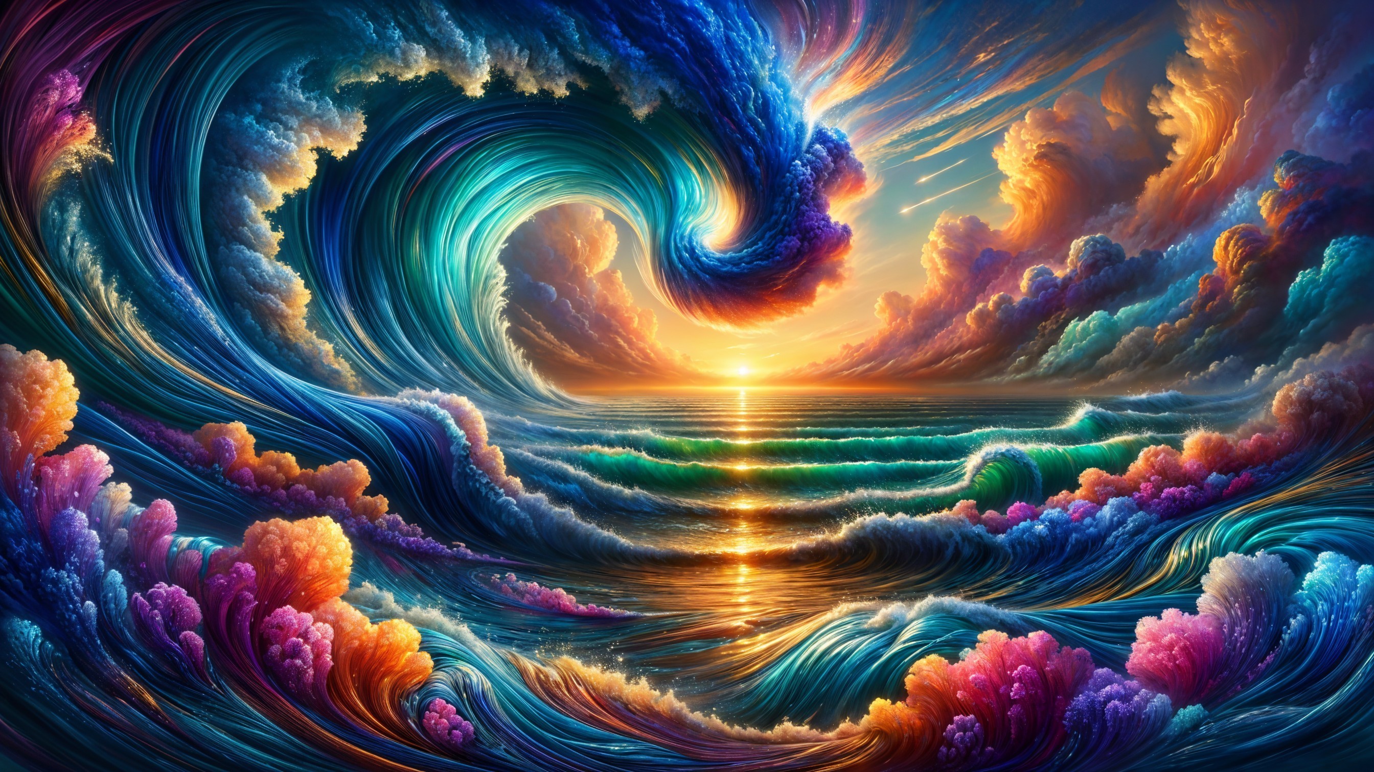 Vibrant Ocean Scene with Sunset and Colorful Waves
