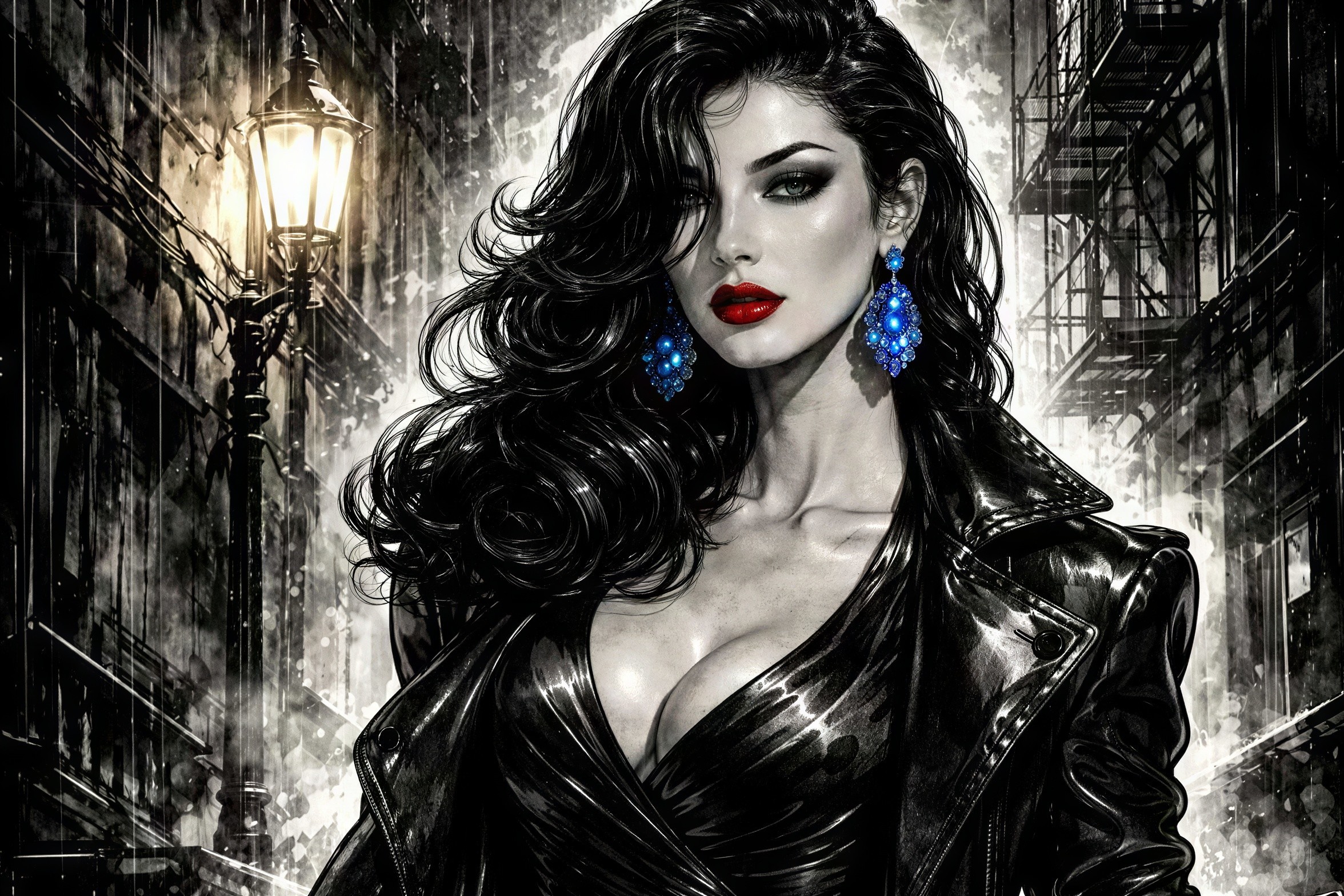 Black and White Comic Illustration of a Woman in Rain