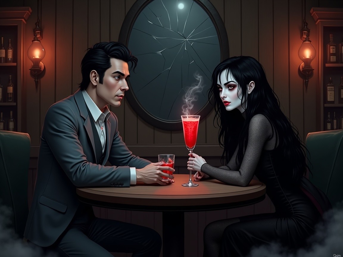 Brooding Man and Mysterious Woman in Dimly Lit Bar