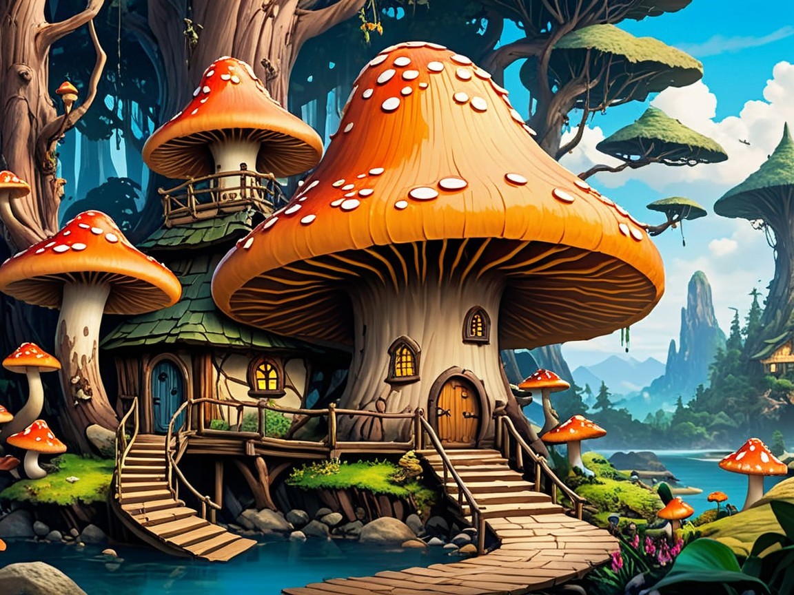 Whimsical Landscape with Mushroom Houses and Lake