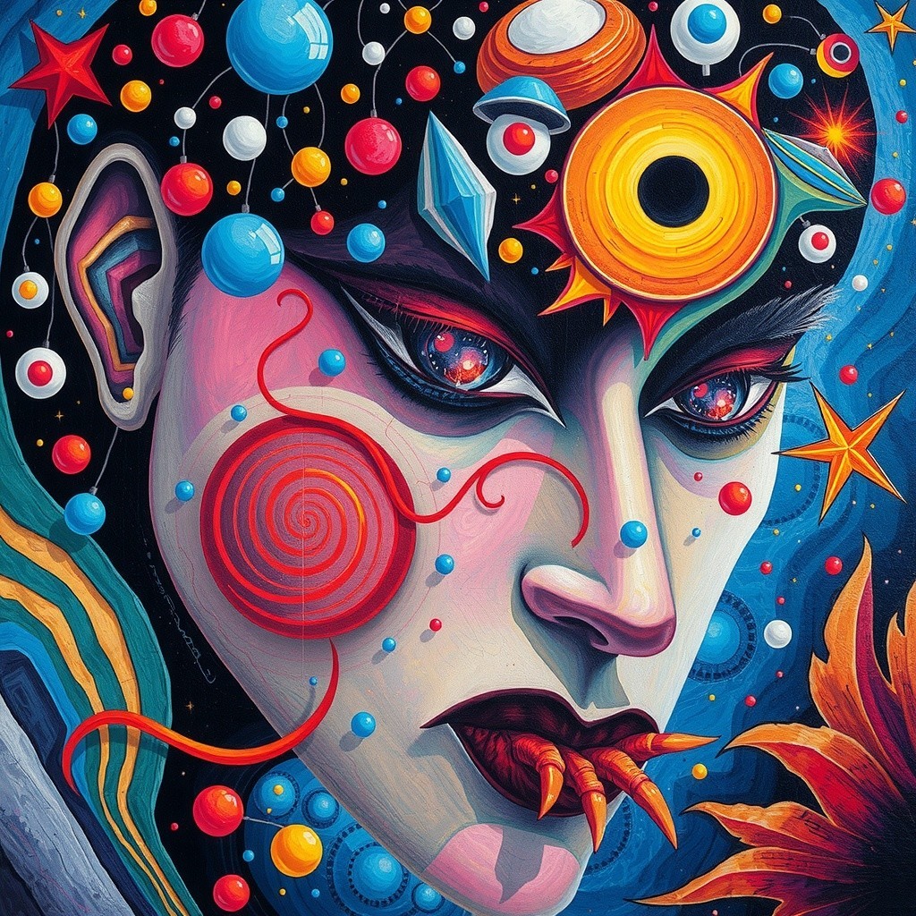 Surreal Face with Cosmic Elements and Vibrant Colors