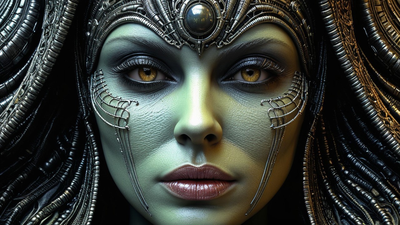 Futuristic figure with metallic headdress and green skin