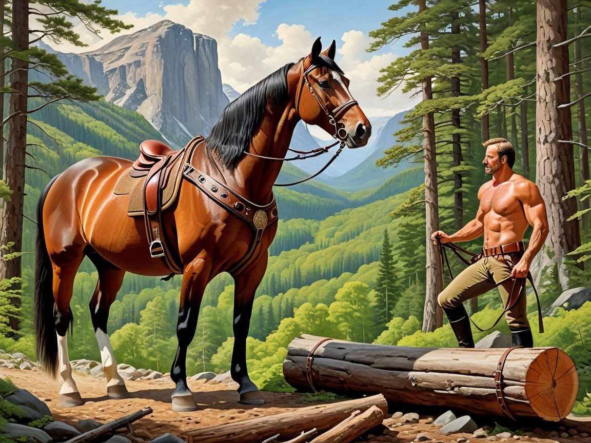 Rustic Forest Scene with Strong Horse and Man
