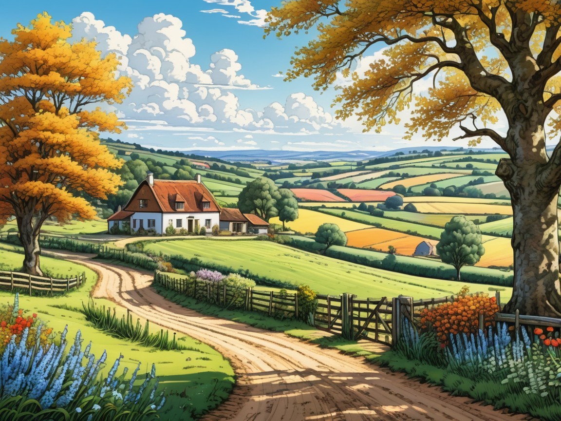 Charming Countryside Landscape with White House and Trees