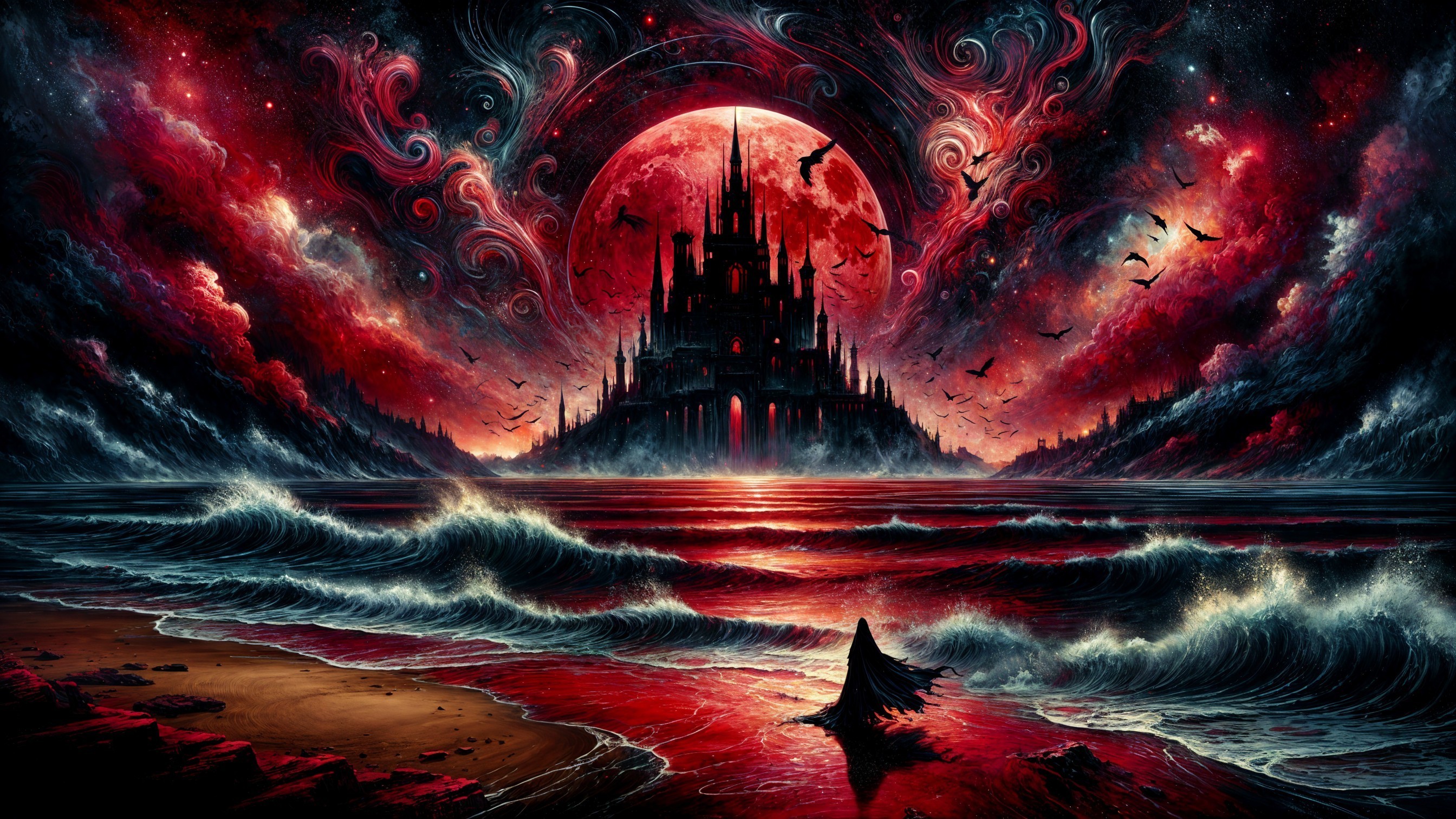 Dramatic Landscape with Castle and Red Moon