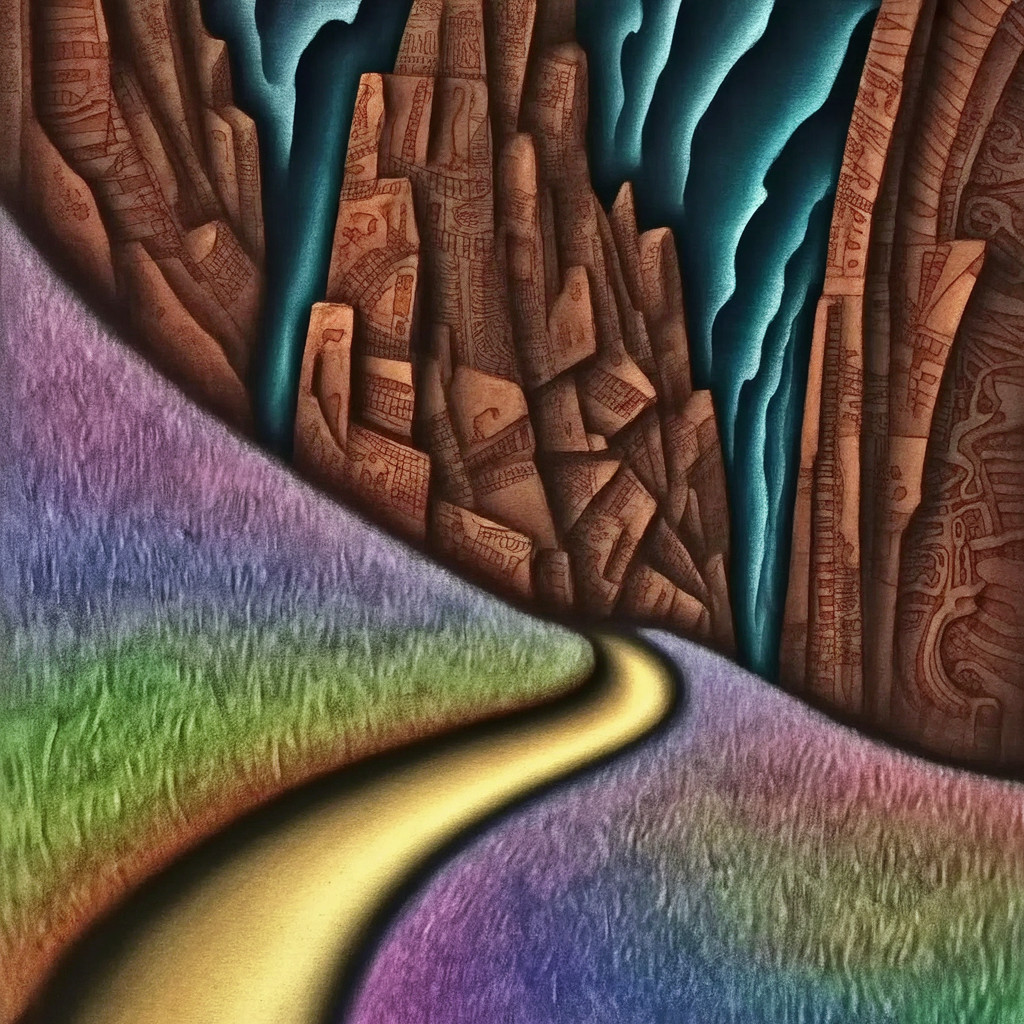 Vibrant Landscape with Swirling Road and Rock Formations