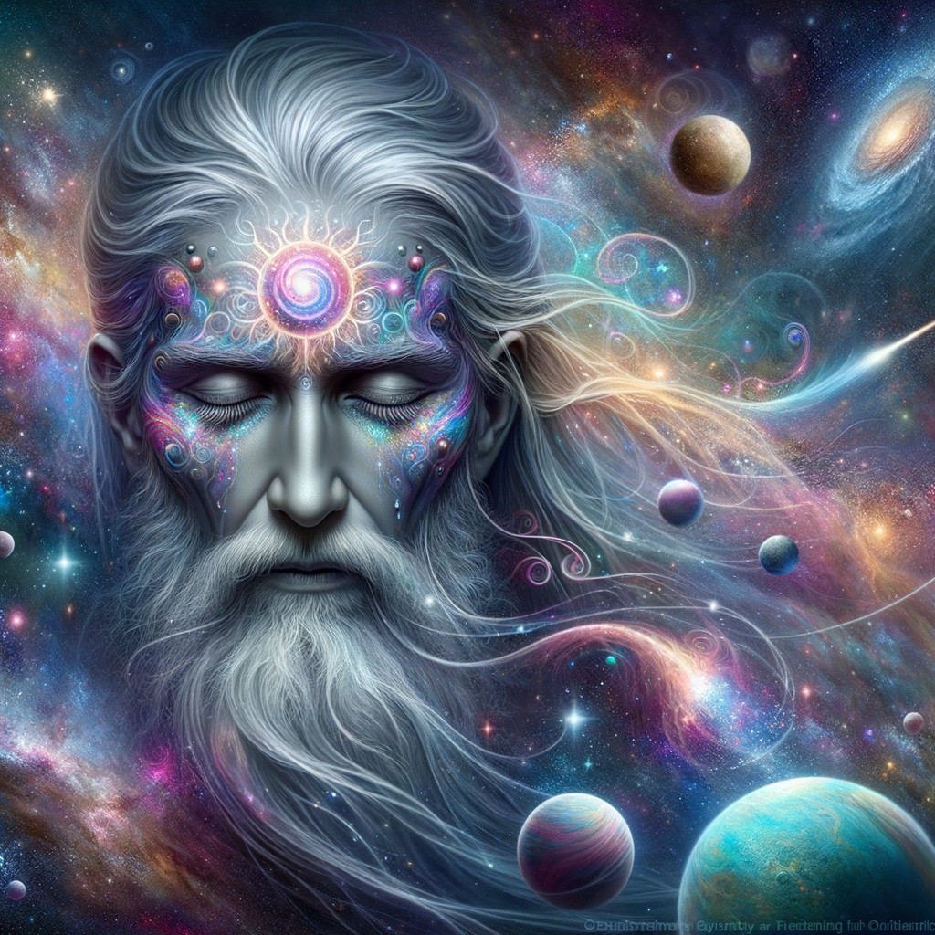 Mystical figure in a vibrant cosmic galaxy scene