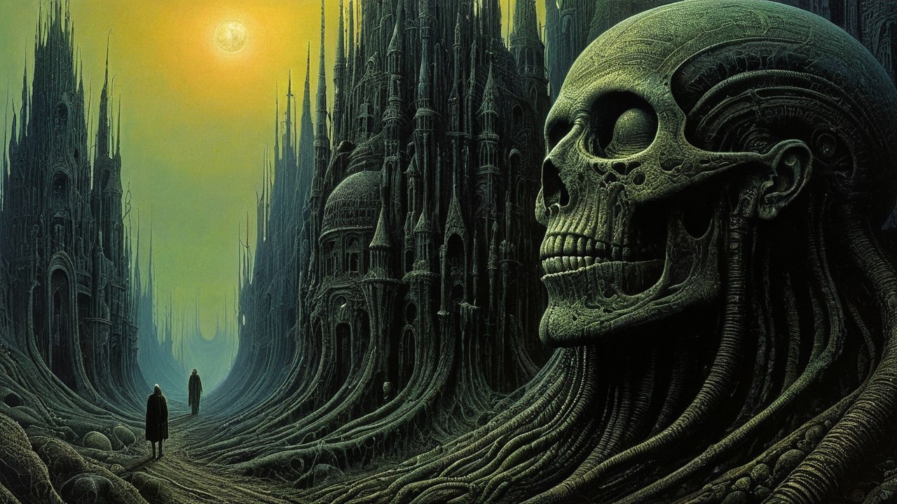 Gothic Landscape with Skull and Eerie Moonlight