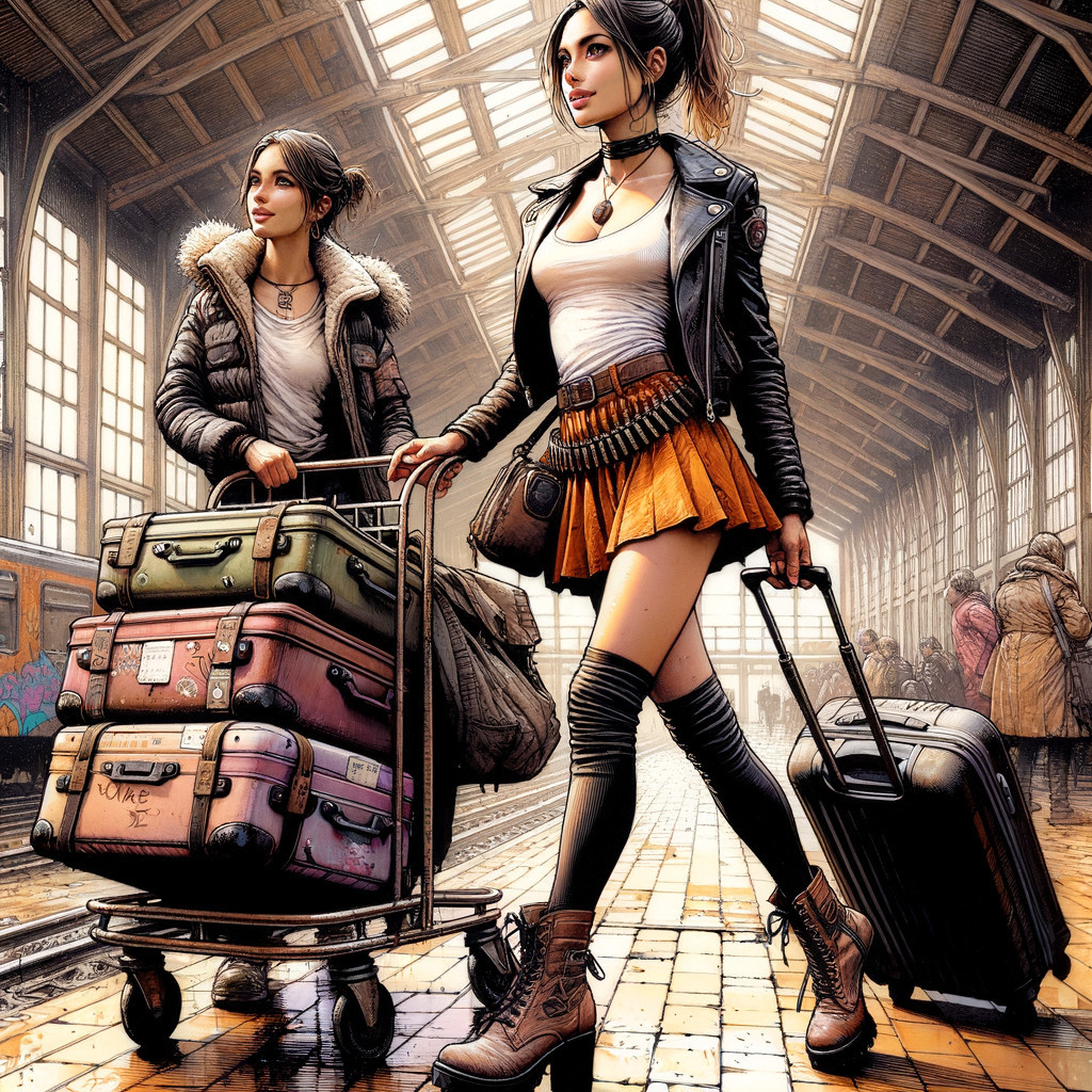 Young women with luggage in a busy train station