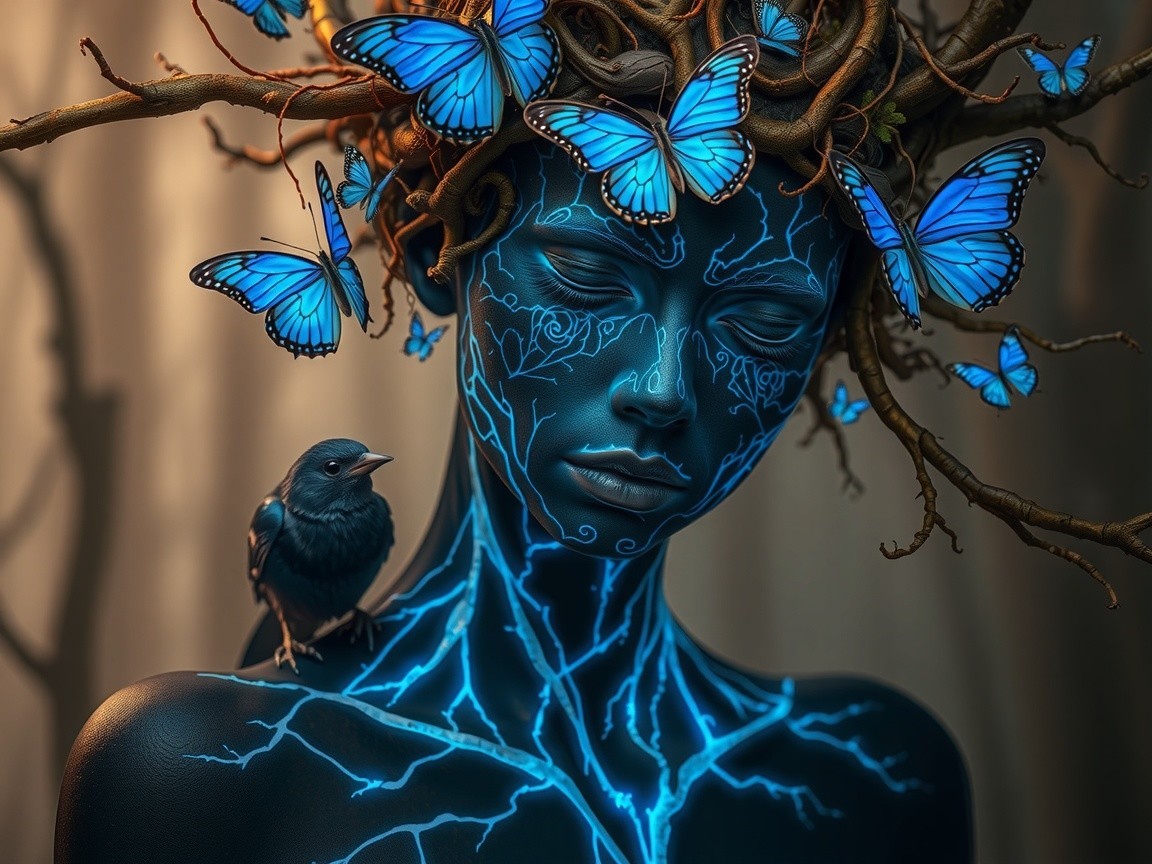 Dark-skinned figure with crown and glowing patterns