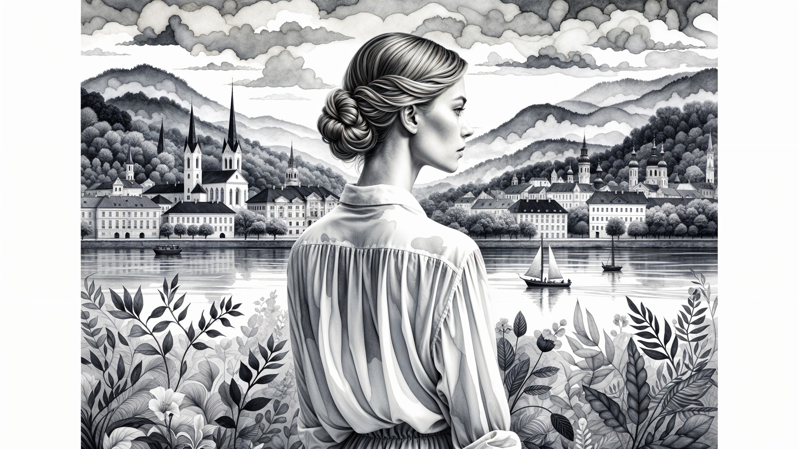 Monochrome Illustration of Woman by Tranquil Lake