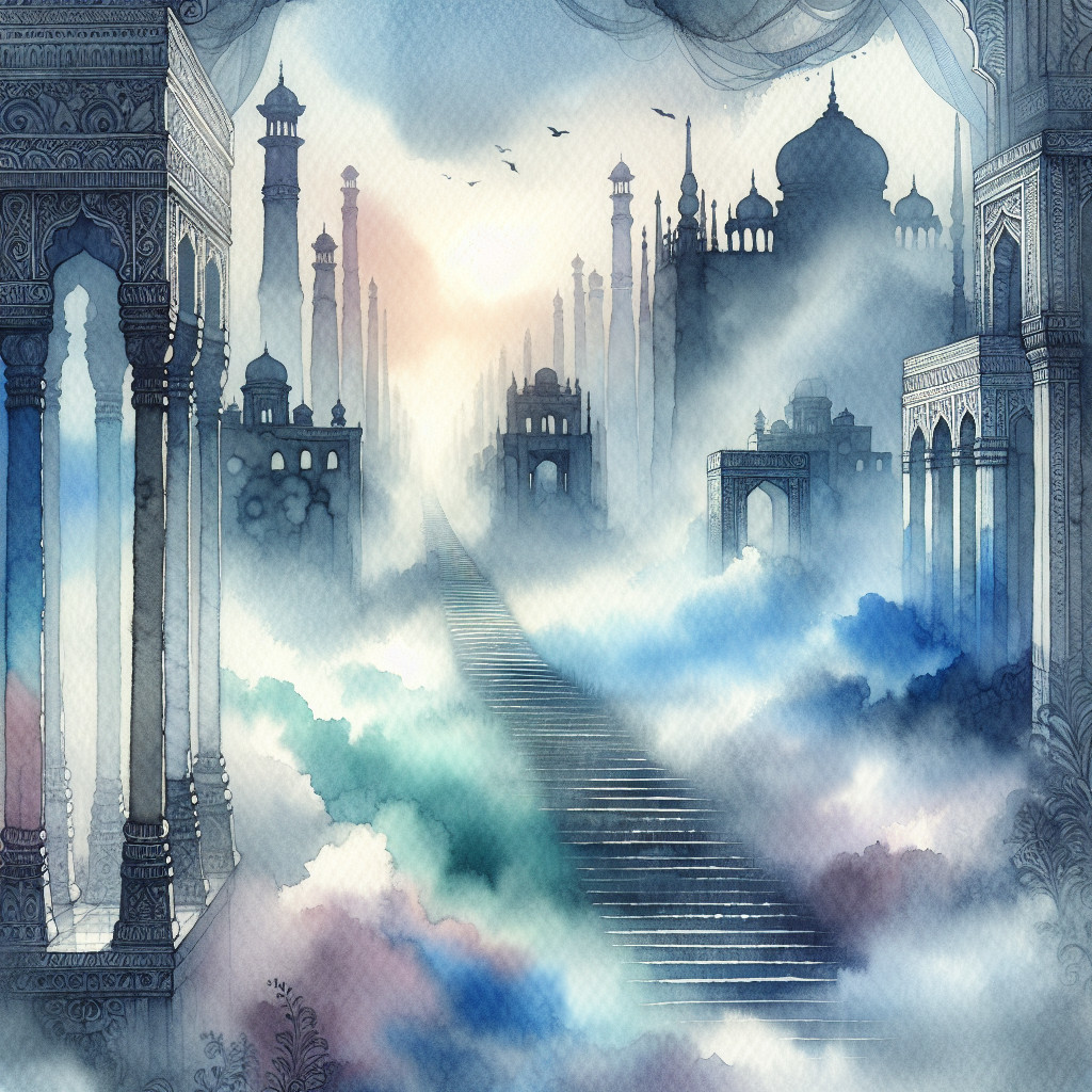 Mystical Landscape with Ethereal Architecture and Fog
