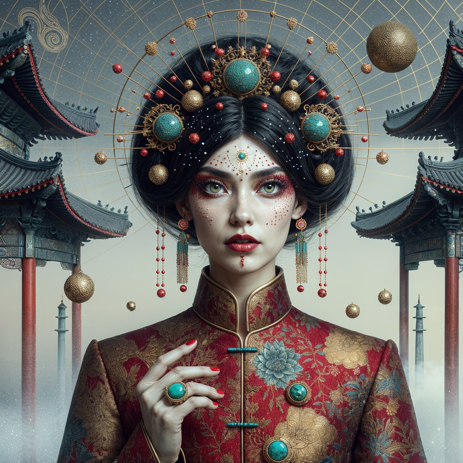 Woman in red Chinese jacket with golden halo crown