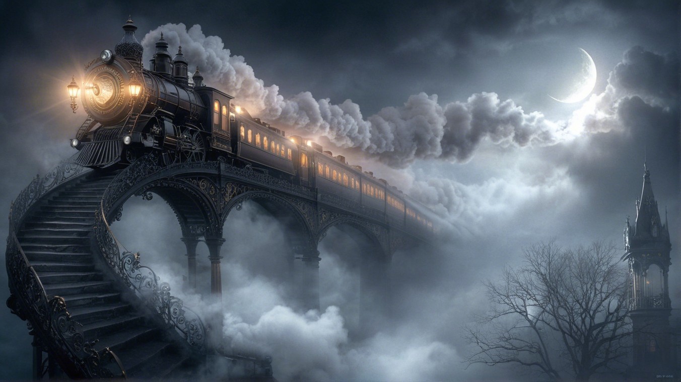 Surreal Steam Locomotive on Spiraling Misty Track
