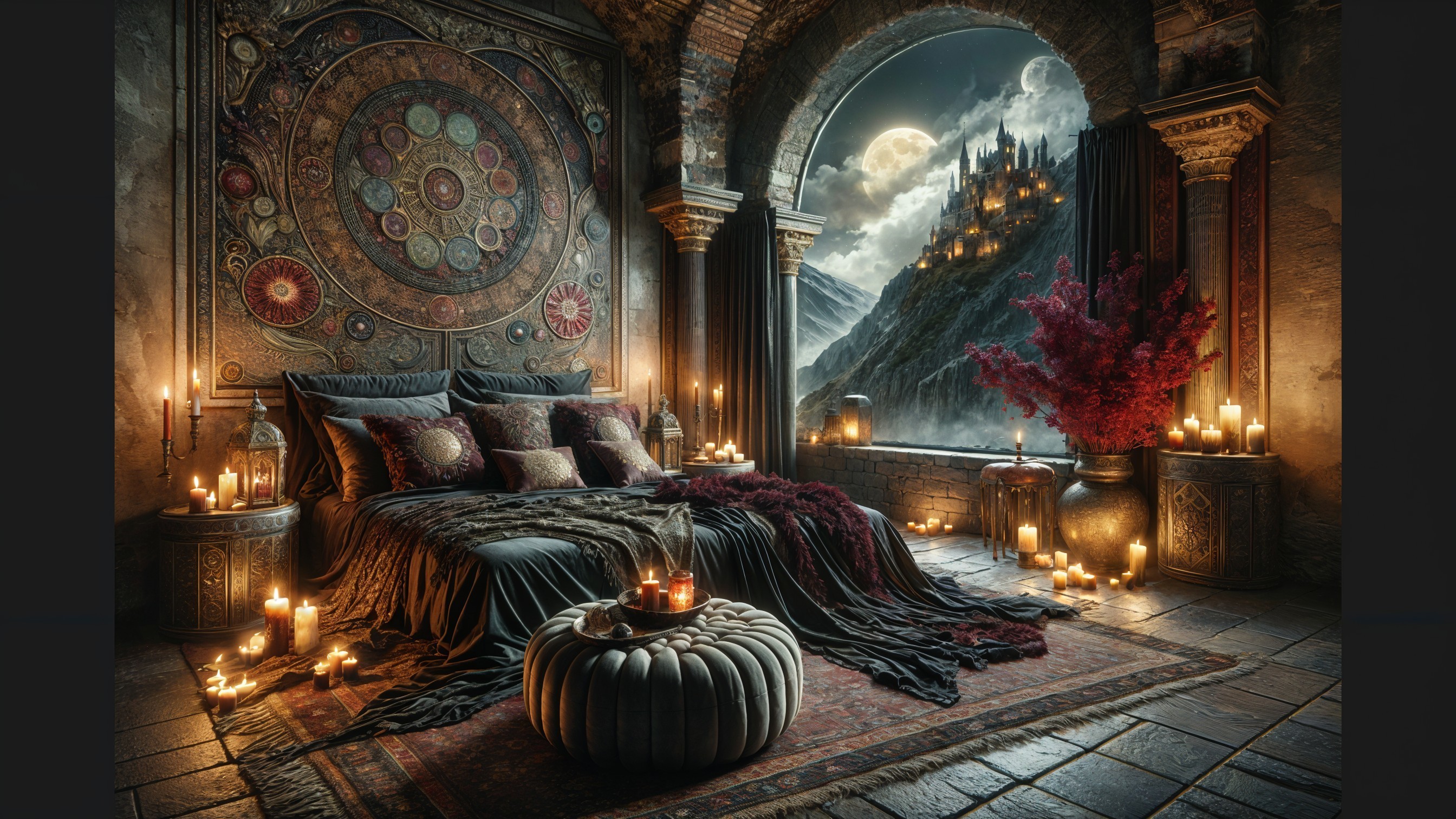 Lavish Bedroom with Rich Textures and Moonlit View