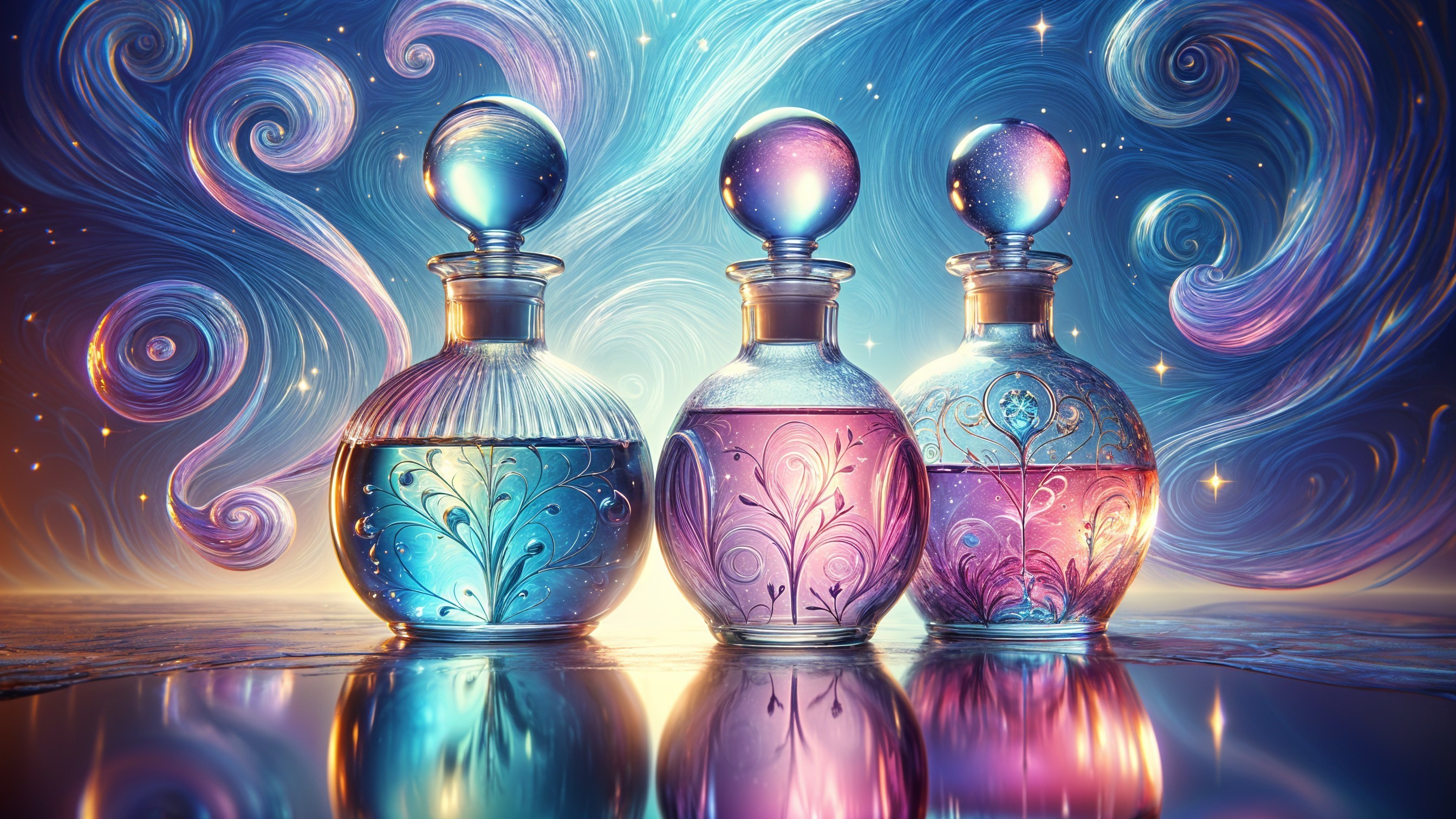 Elegant Glass Bottles with Vibrant Liquids and Orbs