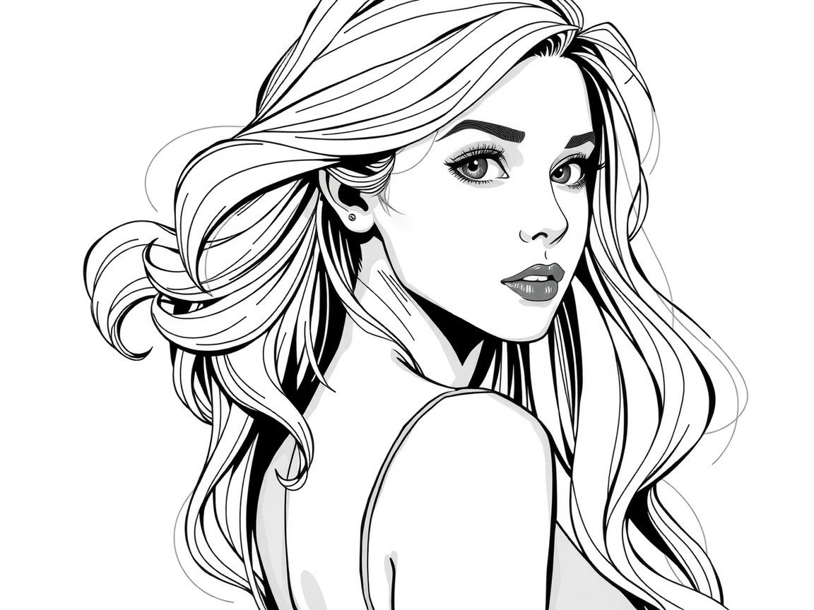 Black-and-white illustration of a woman with flowing hair