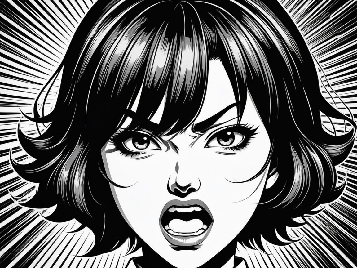Black and white illustration of a fierce woman screaming
