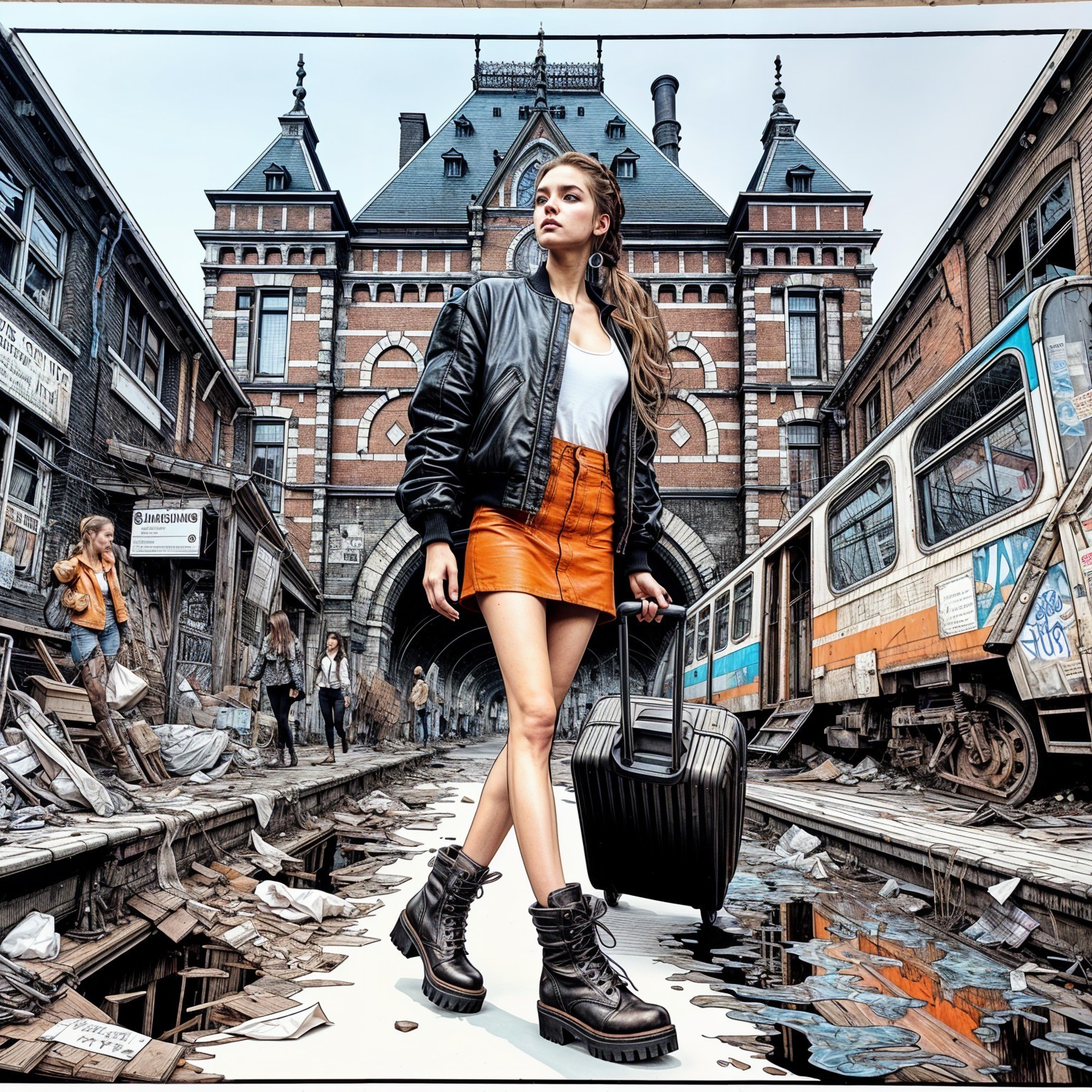 Young woman in stylish outfit in urban decay setting