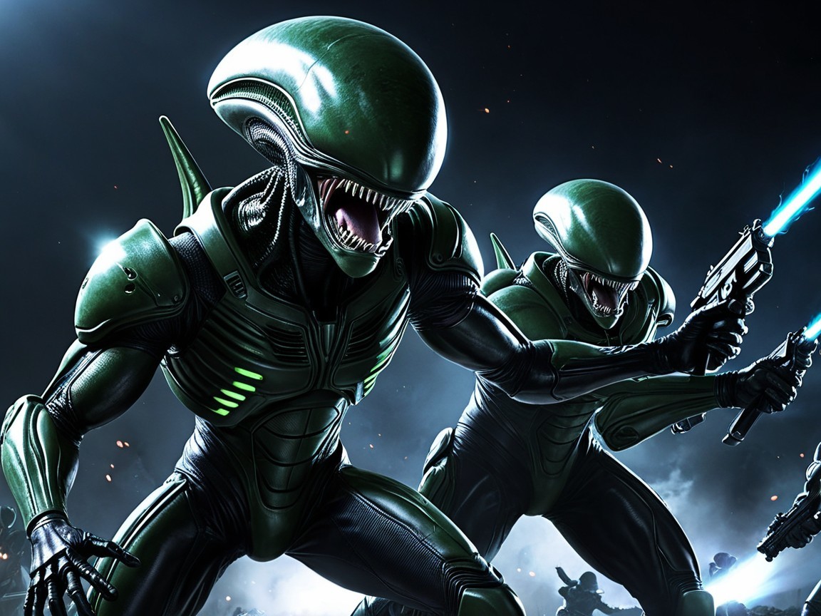 Sleek Green Alien Figures in Futuristic Armor