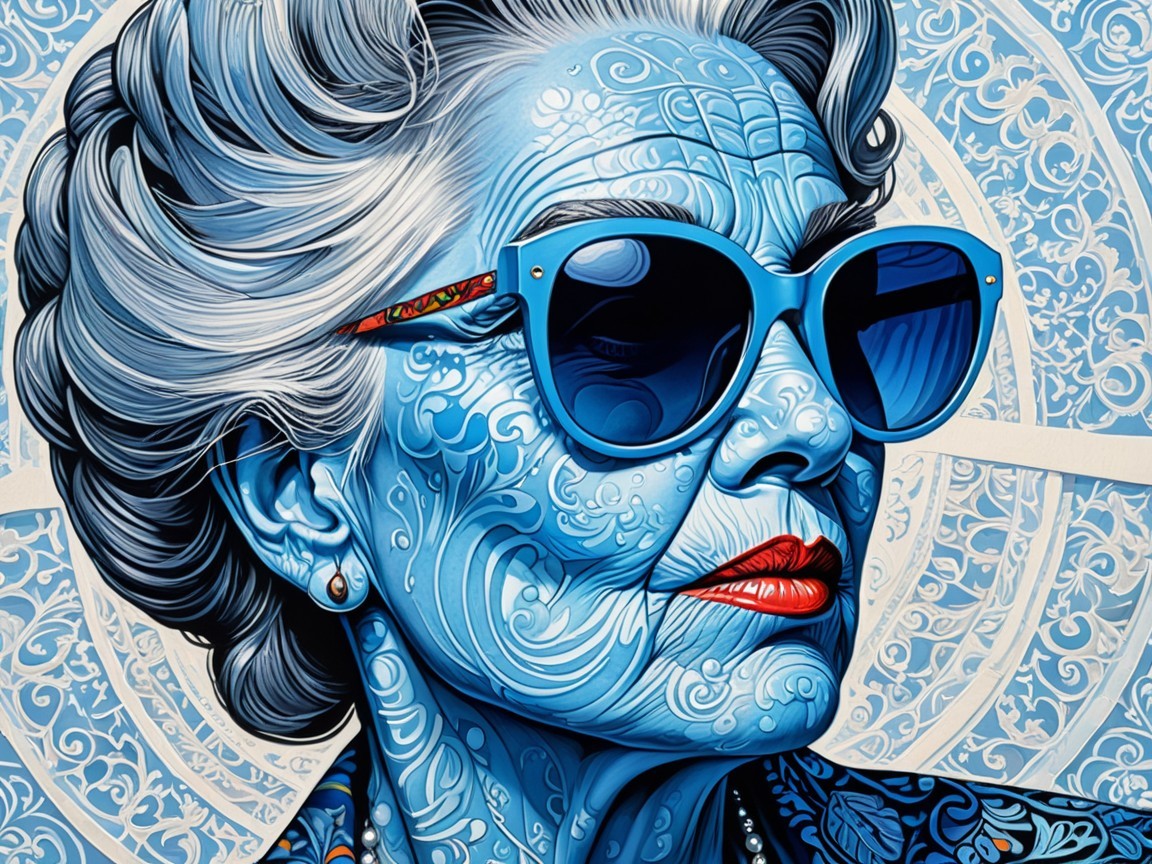 Stylized Portrait of an Elderly Woman with Blue Designs