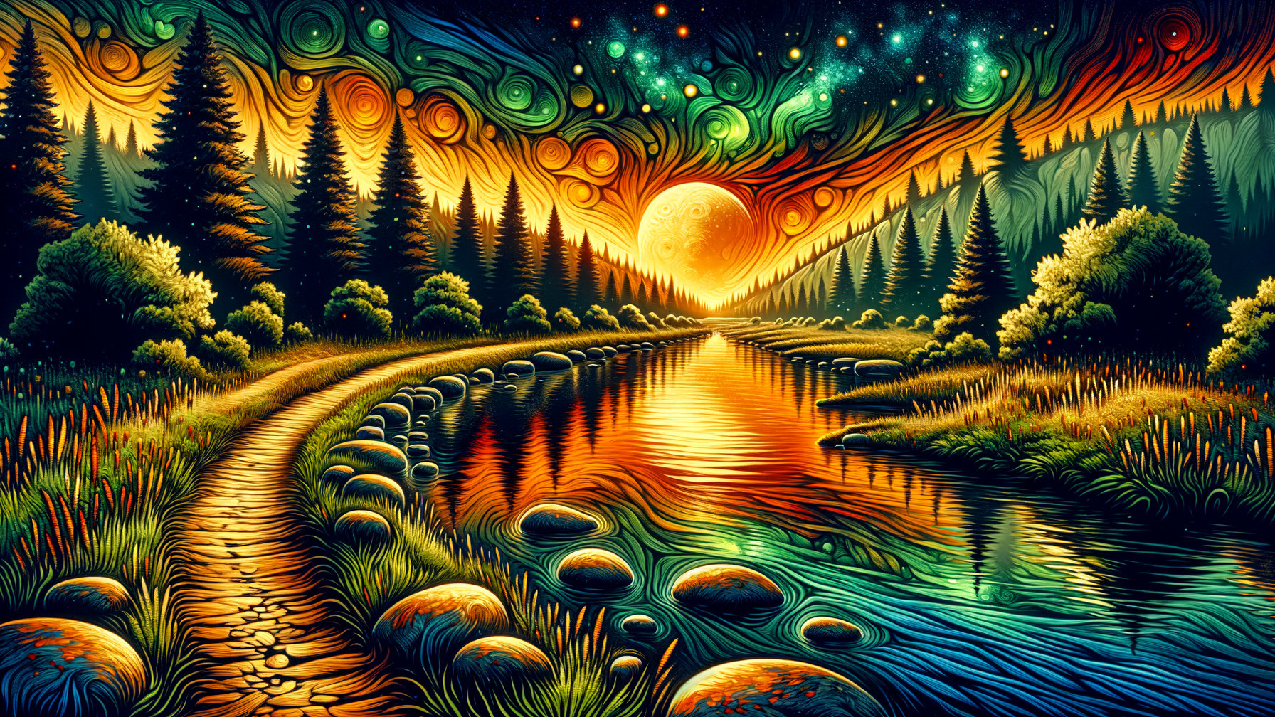 Serene Riverbank Landscape at Sunset with Vivid Colors