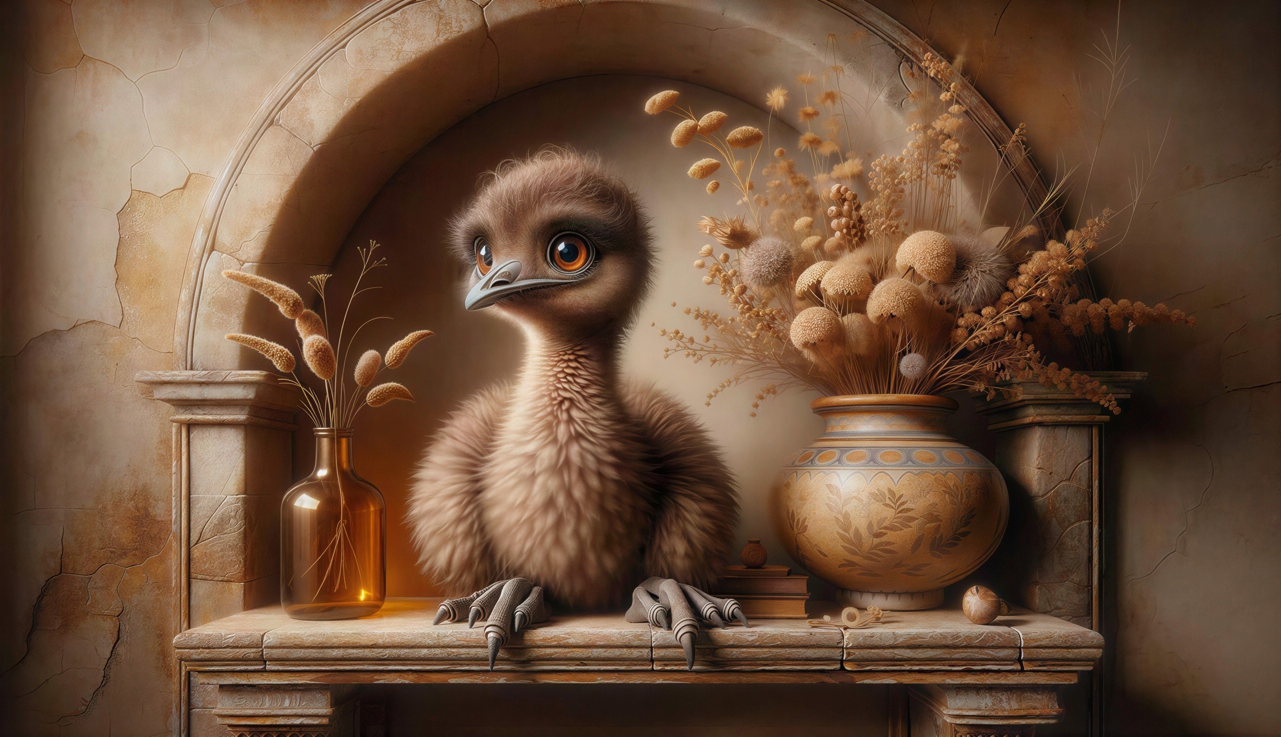 Brown Baby Bird with Vases Under Rustic Archway