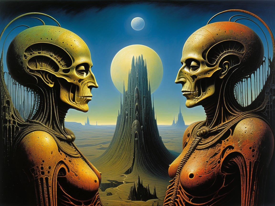 Surreal Landscape with Skeletal Figures and Spires