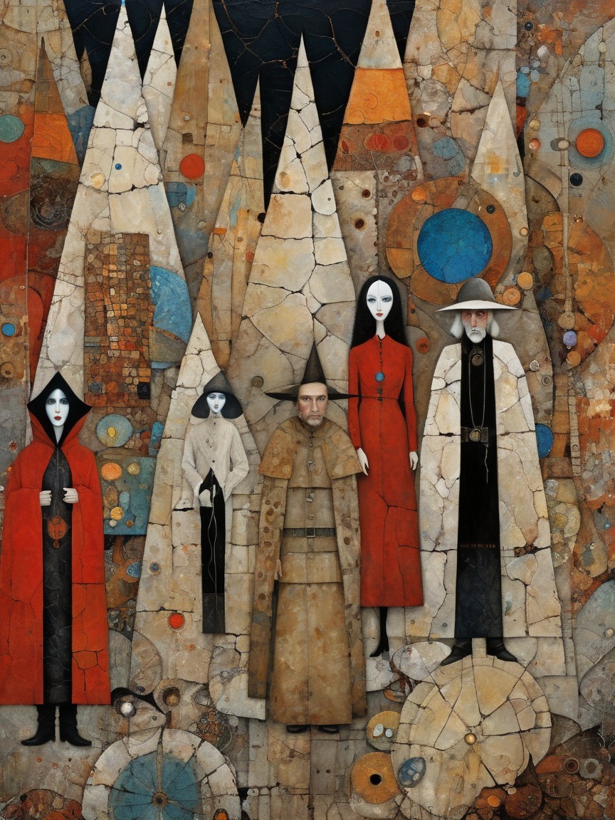 Whimsical Illustration of Figures and Mountain Range