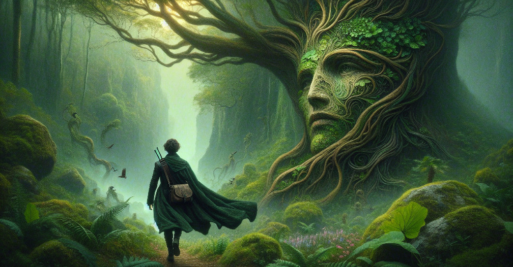 Enchanted forest with ancient tree and serene path