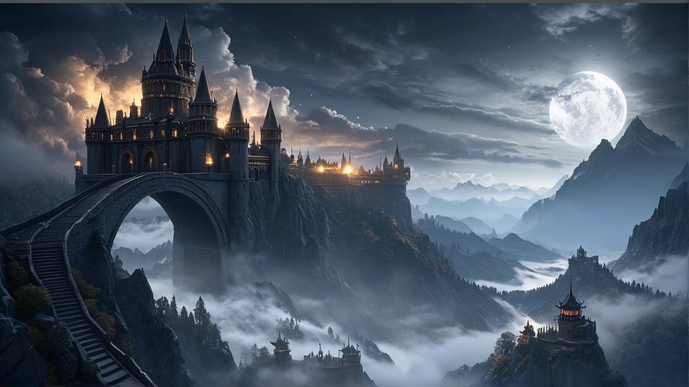 Majestic Castle on Rocky Cliff Under Moonlight