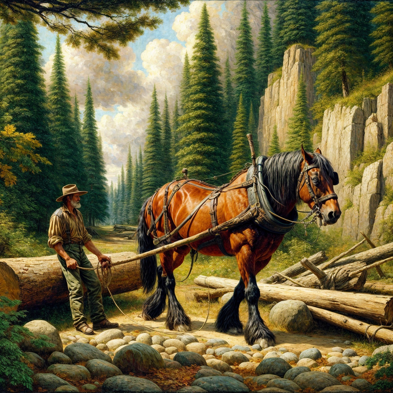 Man and Chestnut Horse Navigate Rocky Forest Path