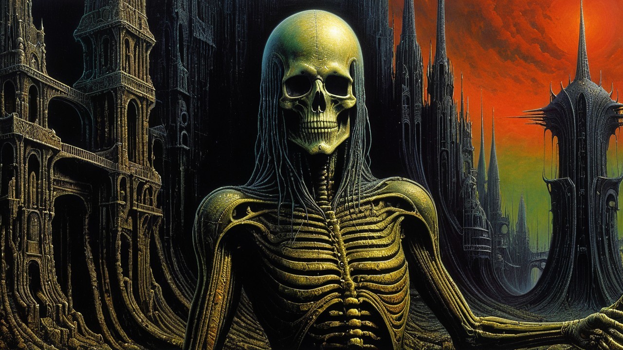 Skeletal Figure in Dark Surreal Landscape with Fire Sky