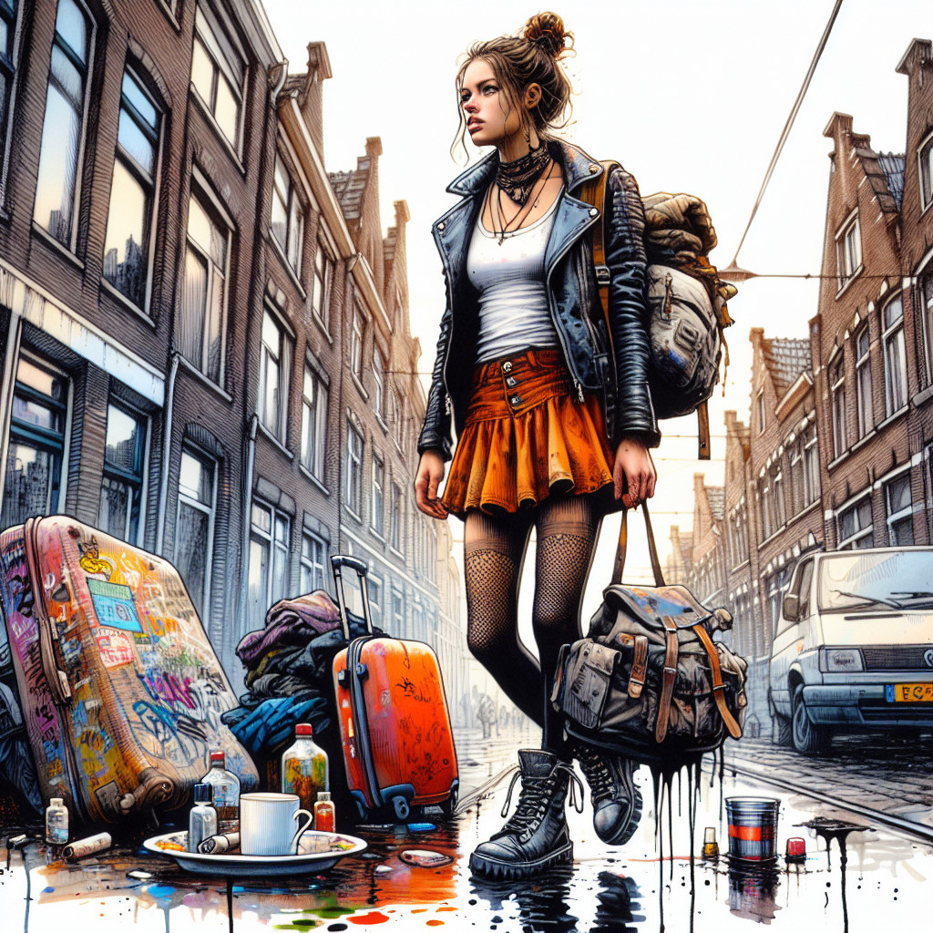 Young Woman in Urban Scene with Graffiti and Bags