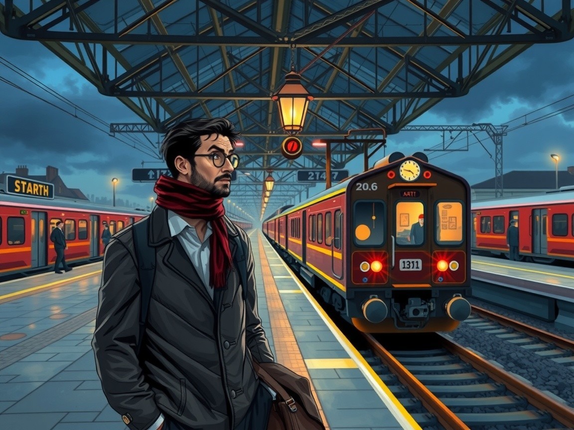 Man at Train Station with Vintage Trains in Background