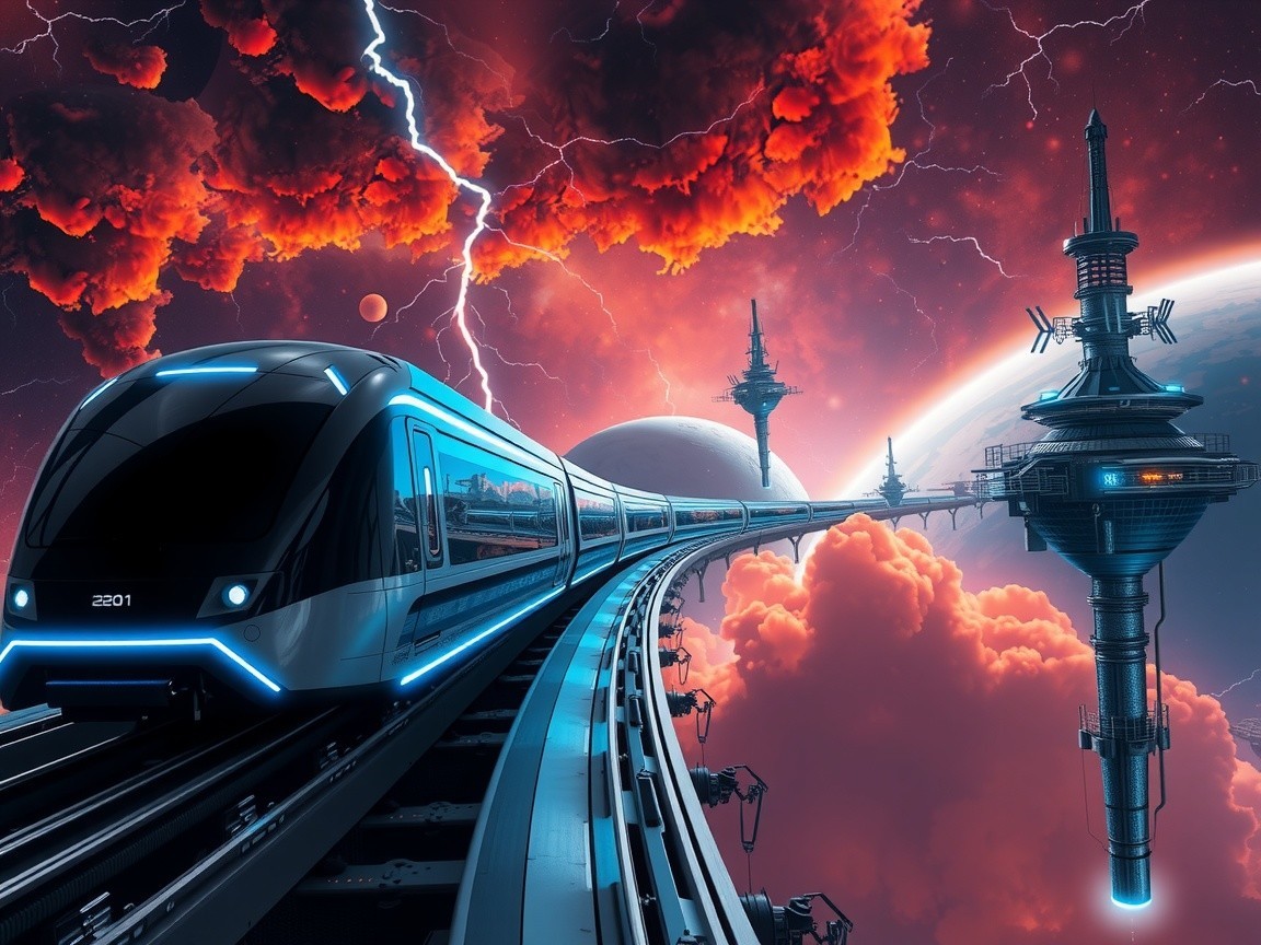 Futuristic train in a vibrant cosmic landscape