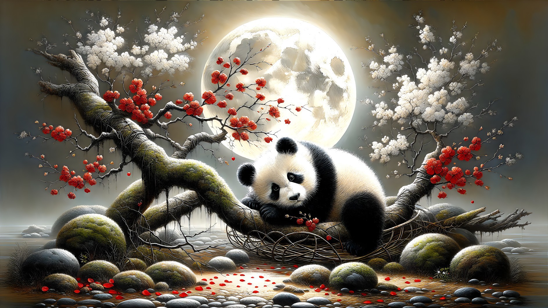 Panda Nestled in Cherry Blossoms Under Moonlight
