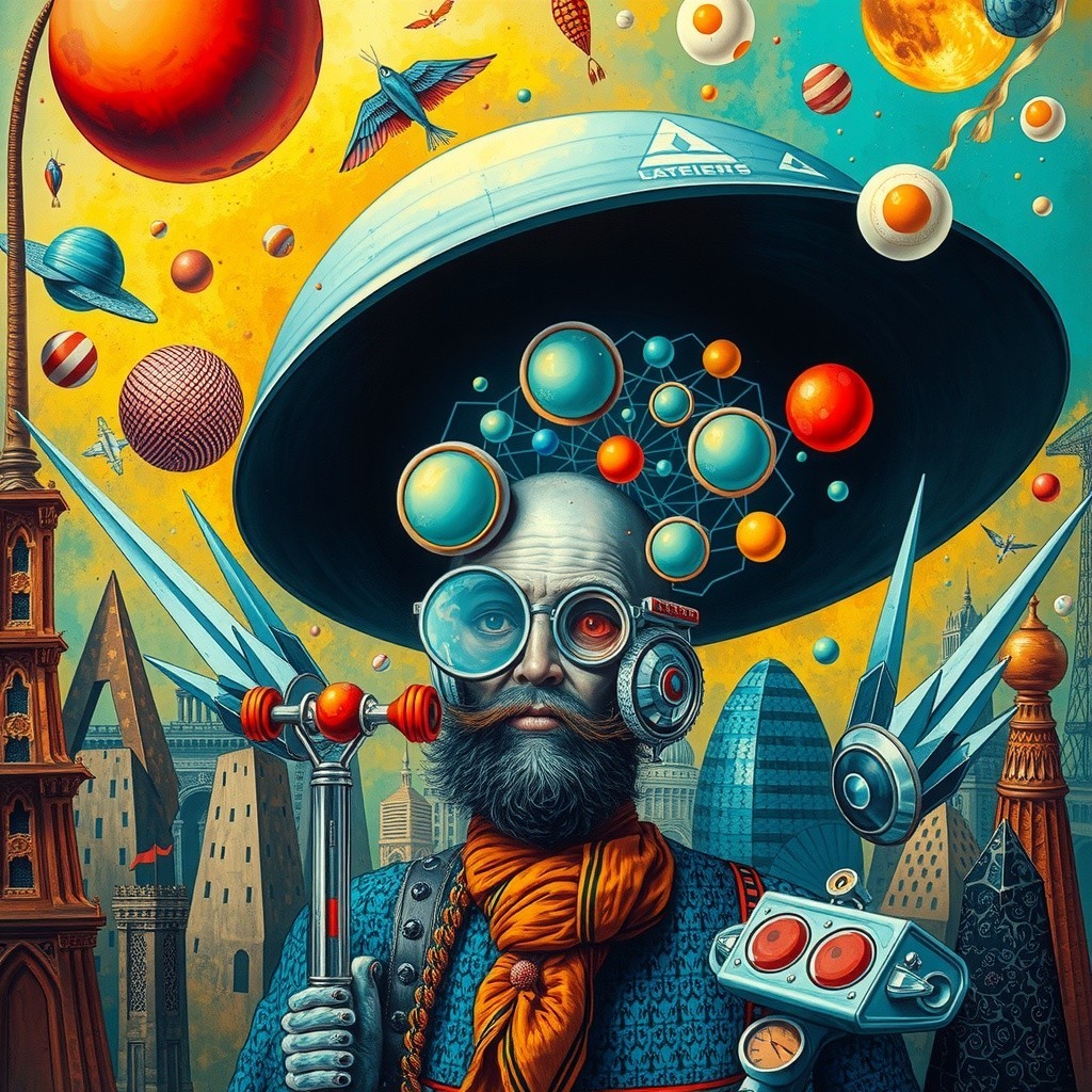 Futuristic figure with whimsical elements in vibrant landscape