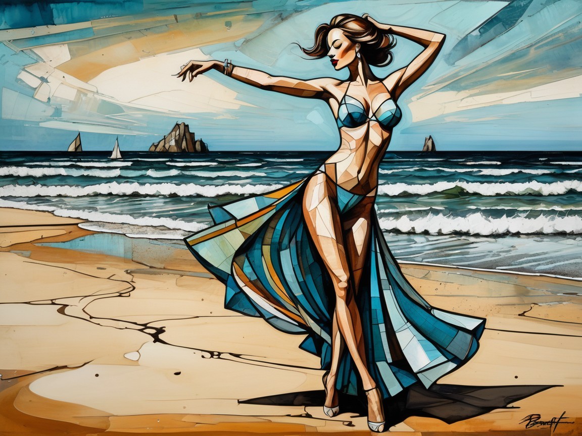 Stylized Woman Dancing in Blue Dress on Beach